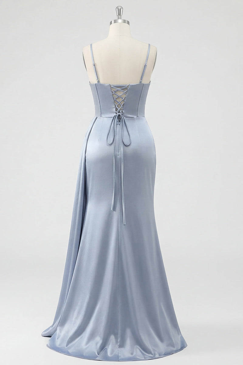 Laden Sie das Bild in den Galerie-Viewer, Staubiges blaues Korsett, Meerjungfrauen-Spitzen-Rücken, langes Abschlussballkleid mit Schlitz