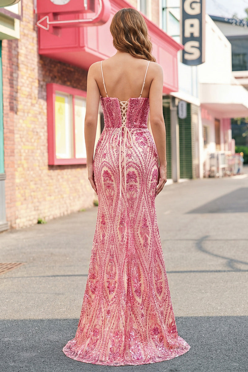 Laden Sie das Bild in den Galerie-Viewer, Rosa Perlenbesetztes Meerjungfrauen-Langballkleid