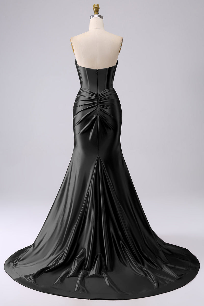 Laden Sie das Bild in den Galerie-Viewer, Fuchsia Trägerloses Satin Meerjungfrauen Korsett Langes Übergröße Ballkleid mit Schlitz