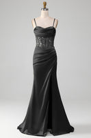 Laden Sie das Bild in den Galerie-Viewer, Salbeigrünes Spaghettiträger Satin Plissee Meerjungfrau Korsett Ballkleid