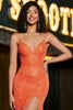 Laden Sie das Bild in den Galerie-Viewer, Glitzerndes orange Meerjungfrauen Spaghettiträger Pailletten Abendkleid mit Schlitz