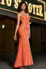 Laden Sie das Bild in den Galerie-Viewer, Glitzerndes orange Meerjungfrauen Spaghettiträger Pailletten Abendkleid mit Schlitz