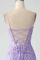 Laden Sie das Bild in den Galerie-Viewer, Meerjungfrau Lila Spaghettiträger Langes Ballkleid mit Applikationen