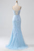 Laden Sie das Bild in den Galerie-Viewer, Himmelblaues glitzerndes Meerjungfrauen Korsett Ballkleid mit Pailletten