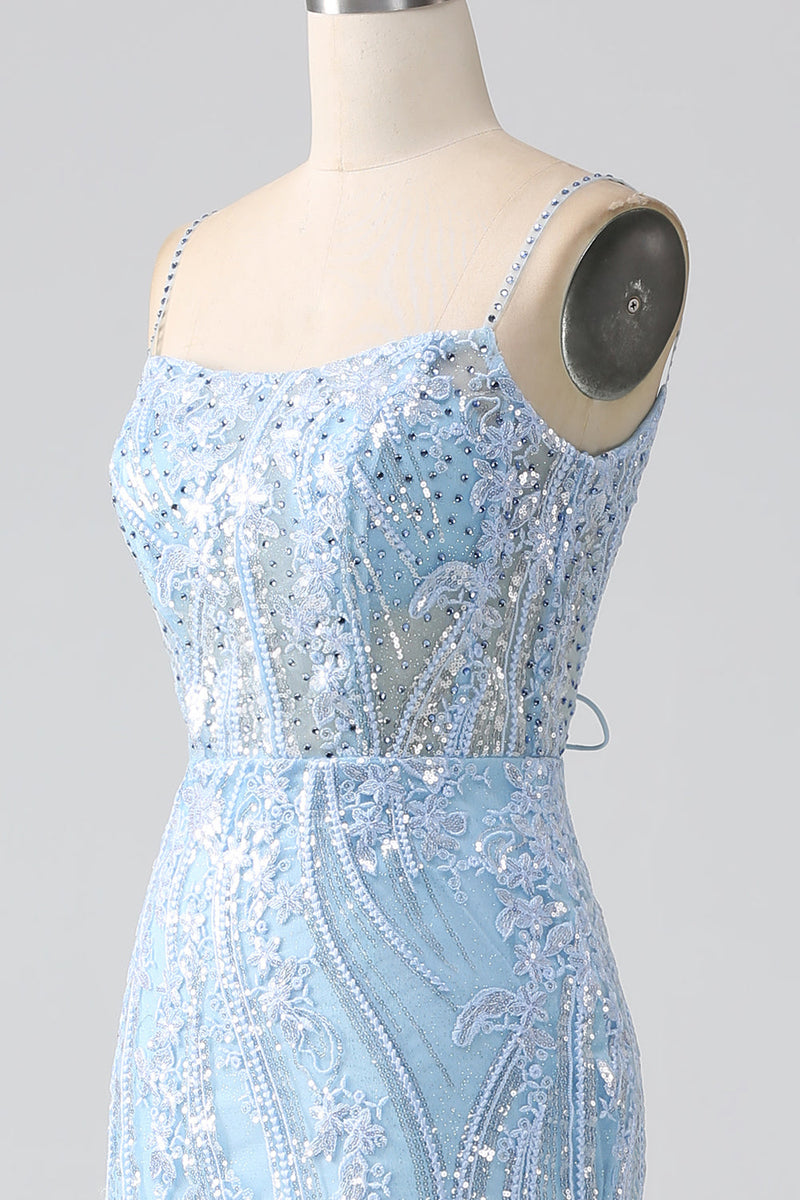 Laden Sie das Bild in den Galerie-Viewer, Himmelblaues glitzerndes Meerjungfrauen Korsett Ballkleid mit Pailletten