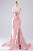 Laden Sie das Bild in den Galerie-Viewer, Fuchsia Trägerloses Satin Meerjungfrauen Korsett Langes Übergröße Ballkleid mit Schlitz