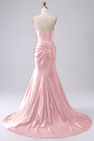 Laden Sie das Bild in den Galerie-Viewer, Fuchsia Trägerloses Satin Meerjungfrauen Korsett Langes Übergröße Ballkleid mit Schlitz