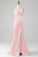 Laden Sie das Bild in den Galerie-Viewer, Salbeigrünes Spaghettiträger Satin Plissee Meerjungfrau Korsett Ballkleid