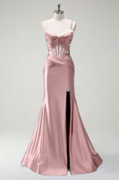 Laden Sie das Bild in den Galerie-Viewer, Königsblaues Meerjungfrau Spaghettiträger Satin Korsett Langes Ballkleid mit Schlitz