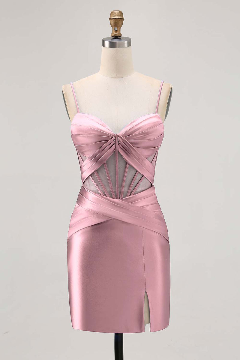 Laden Sie das Bild in den Galerie-Viewer, Königsblaues Durchsichtiges Korsett Plissee Cocktailkleid mit Schlitz