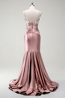 Laden Sie das Bild in den Galerie-Viewer, Königsblaues Meerjungfrau Spaghettiträger Satin Korsett Langes Ballkleid mit Schlitz