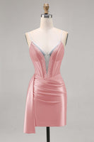 Laden Sie das Bild in den Galerie-Viewer, Marineblaues Satin Korsett Cocktailkleid mit Perlen und Schärpe