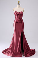 Laden Sie das Bild in den Galerie-Viewer, Fuchsia Trägerloses Satin Meerjungfrauen Korsett Langes Übergröße Ballkleid mit Schlitz