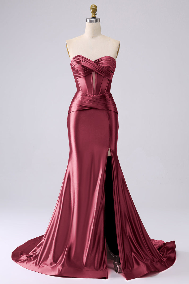 Laden Sie das Bild in den Galerie-Viewer, Fuchsia Trägerloses Satin Meerjungfrauen Korsett Langes Übergröße Ballkleid mit Schlitz