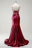 Laden Sie das Bild in den Galerie-Viewer, Königsblaues Meerjungfrau Spaghettiträger Satin Korsett Langes Ballkleid mit Schlitz