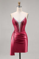 Laden Sie das Bild in den Galerie-Viewer, Marineblaues Satin Korsett Cocktailkleid mit Perlen und Schärpe