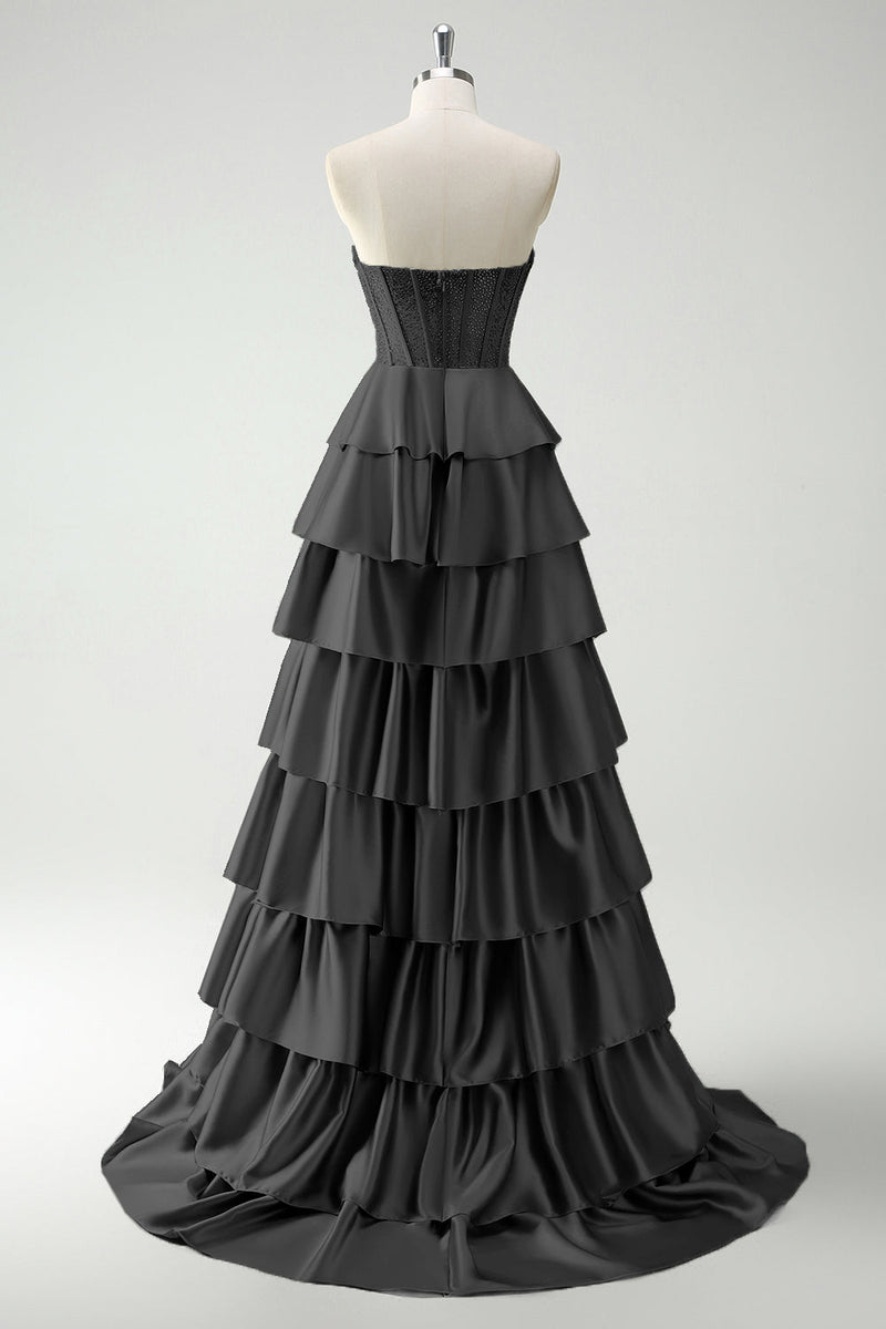 Laden Sie das Bild in den Galerie-Viewer, Burgundy Prinzessinnen Herzausschnitt Perlenbesetztes Gestuftes Korsett Langes Ballkleid mit Schlitz