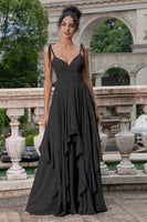 Laden Sie das Bild in den Galerie-Viewer, A-Linie V-Ausschnitt Spaghettiträger Chiffon Brautjungfernkleid mit Rüschen Matcha