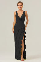 Laden Sie das Bild in den Galerie-Viewer, Limetten Etui Tiefer V-Ausschnitt Rückenfreies langes Brautjungfernkleid mit Rüschen Schlitz