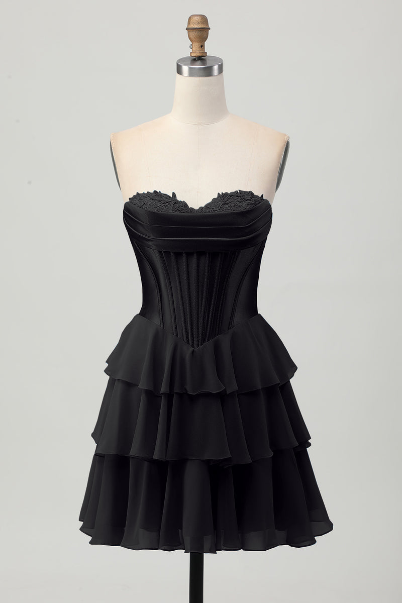 Laden Sie das Bild in den Galerie-Viewer, Fuchsia Kurzes A-Linie Trägerloses Korsett Gestuftes Cocktailkleid