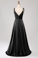 Laden Sie das Bild in den Galerie-Viewer, Einfaches dunkelgrünes Spaghettiträger Ballkleid mit Rüschen und Schlitz