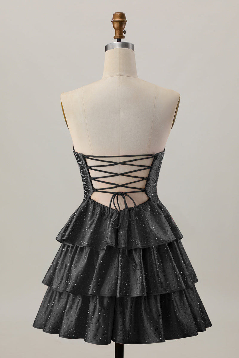 Laden Sie das Bild in den Galerie-Viewer, Orange A-Linie Trägerloses Gestuftes Abiballkleid mit Perlenstickerei