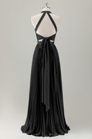 Laden Sie das Bild in den Galerie-Viewer, Grau Blau A-Linie Neckholder Langes Brautjungfernkleid mit Schlitz