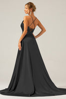 Laden Sie das Bild in den Galerie-Viewer, Königsblaues Langes A-Linie Spaghettiträger Satin Ballkleid mit Schlitz