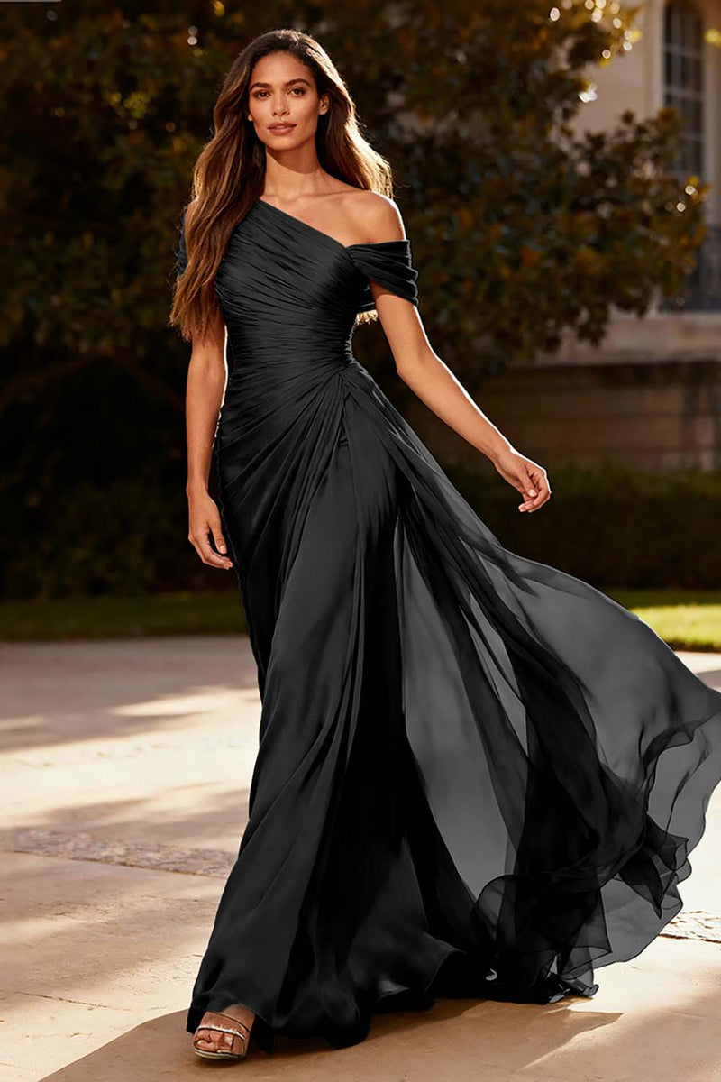 Laden Sie das Bild in den Galerie-Viewer, Dusty Sage Chiffon Eine Schulter A Linie Plissee Langes Abendkleid