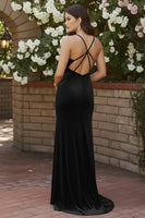 Laden Sie das Bild in den Galerie-Viewer, Schwarzes Meerjungfrauen Samt Spaghettiträger Langes Ballkleid mit Schlitz