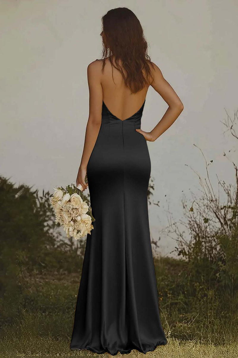 Laden Sie das Bild in den Galerie-Viewer, Hellgelbes Neckholder Meerjungfrau Satin Brautjungfernkleid