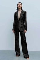 Laden Sie das Bild in den Galerie-Viewer, Glitzernde Goldene 2-teilige Gipfelrevers Damen Ballanzüge