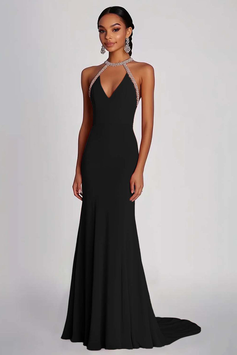 Laden Sie das Bild in den Galerie-Viewer, Etui Rosa Perlenbesetztes Neckholder Langes Ballkleid aus Chiffon