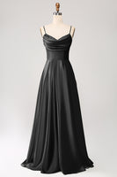 Laden Sie das Bild in den Galerie-Viewer, Staubiger Salbei A Linie Wasserfallausschnitt Satin Langes Ballkleid mit Plissee