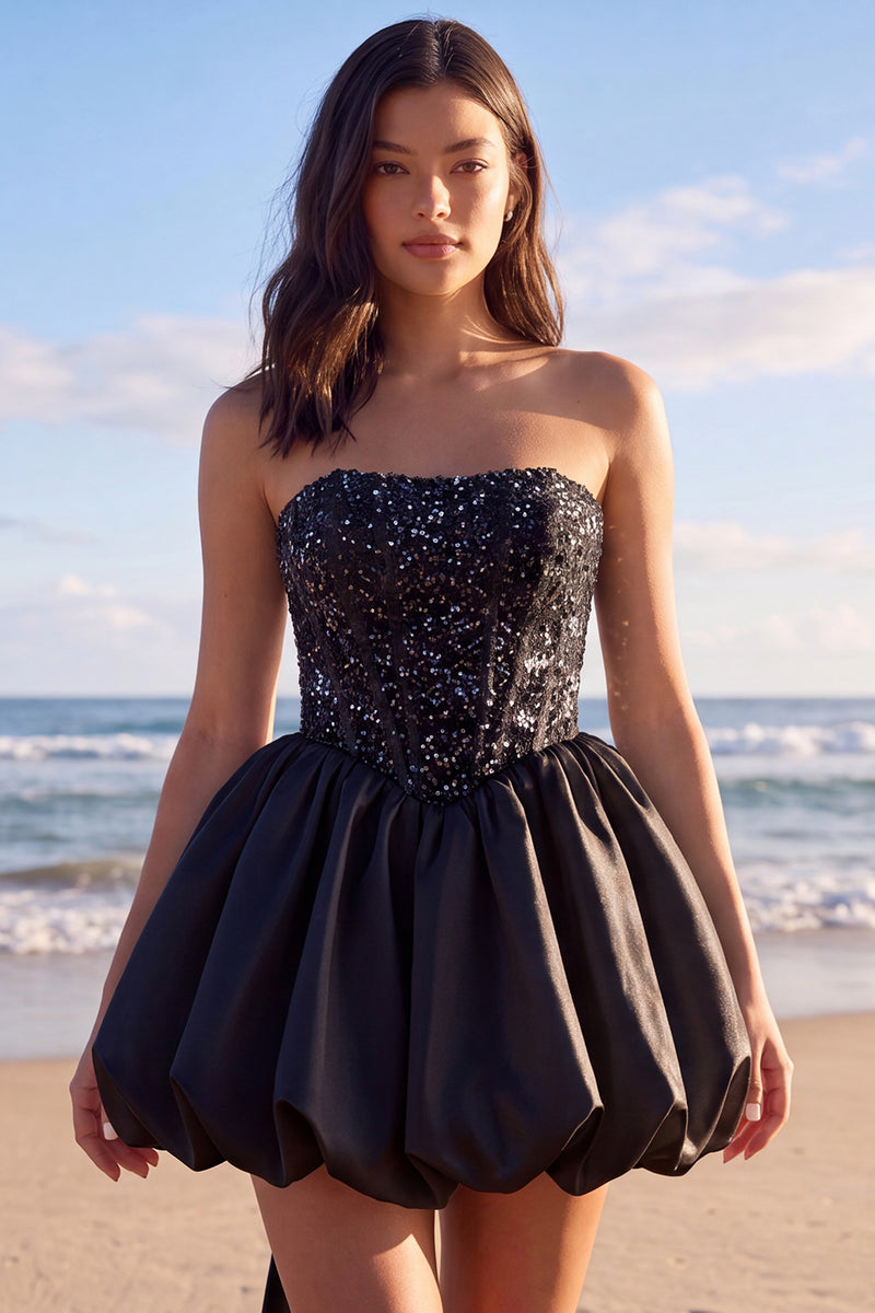 Laden Sie das Bild in den Galerie-Viewer, Sprakly Trägerloses Perlenbesetztes Korsett Kleines weißes Kleid mit Schleife