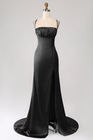 Laden Sie das Bild in den Galerie-Viewer, Dunkelgrünes Meerjungfrauen Spaghettiträger Satin Ballkleid mit Plissee