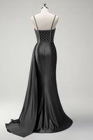 Laden Sie das Bild in den Galerie-Viewer, Glitzerndes Königsblaues Meerjungfrauen gerafftes Satin Langes Ballkleid mit Schlitz