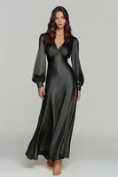 Laden Sie das Bild in den Galerie-Viewer, Champagner Satin V-Ausschnitt A-Linie Langes Ballkleid