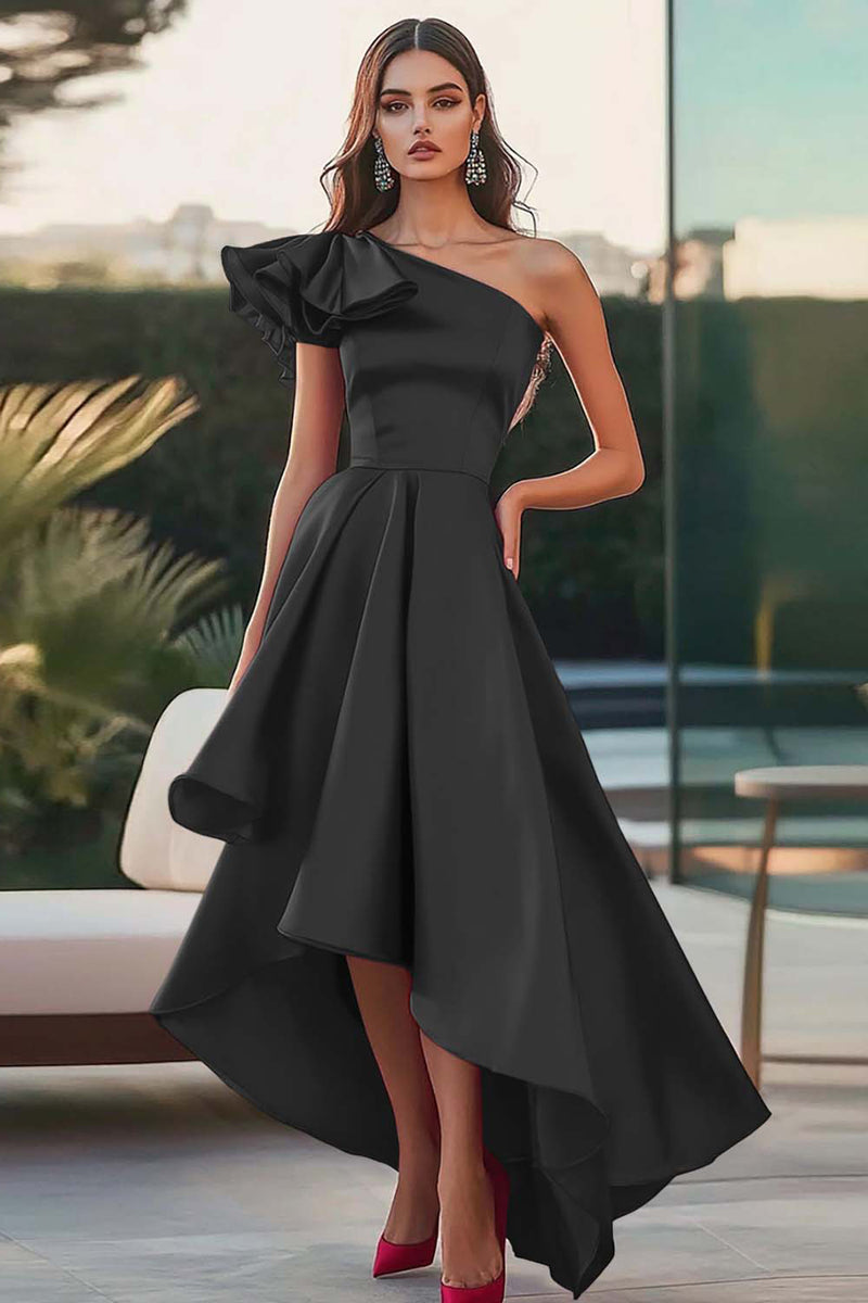 Laden Sie das Bild in den Galerie-Viewer, Fuchsia Eine Schulter High-Low Satin Ballkleid in A-Linie