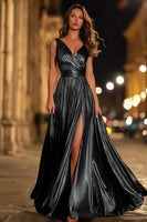 Laden Sie das Bild in den Galerie-Viewer, Metallisches Goldenes V-Ausschnitt A-Linie Langes Ballkleid mit Schlitz