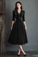 Laden Sie das Bild in den Galerie-Viewer, Burgunder A-Linie V-Ausschnitt Samt Arbeitskleid mit halben Ärmeln