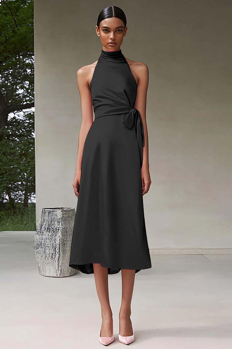 Laden Sie das Bild in den Galerie-Viewer, Rosa A-Linie Neckholder Teelänge Satin Partykleid