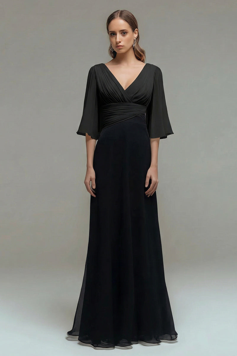 Laden Sie das Bild in den Galerie-Viewer, Schwarz Weiß Chiffon Plissee A-Linie V-Ausschnitt Formelles Kleid