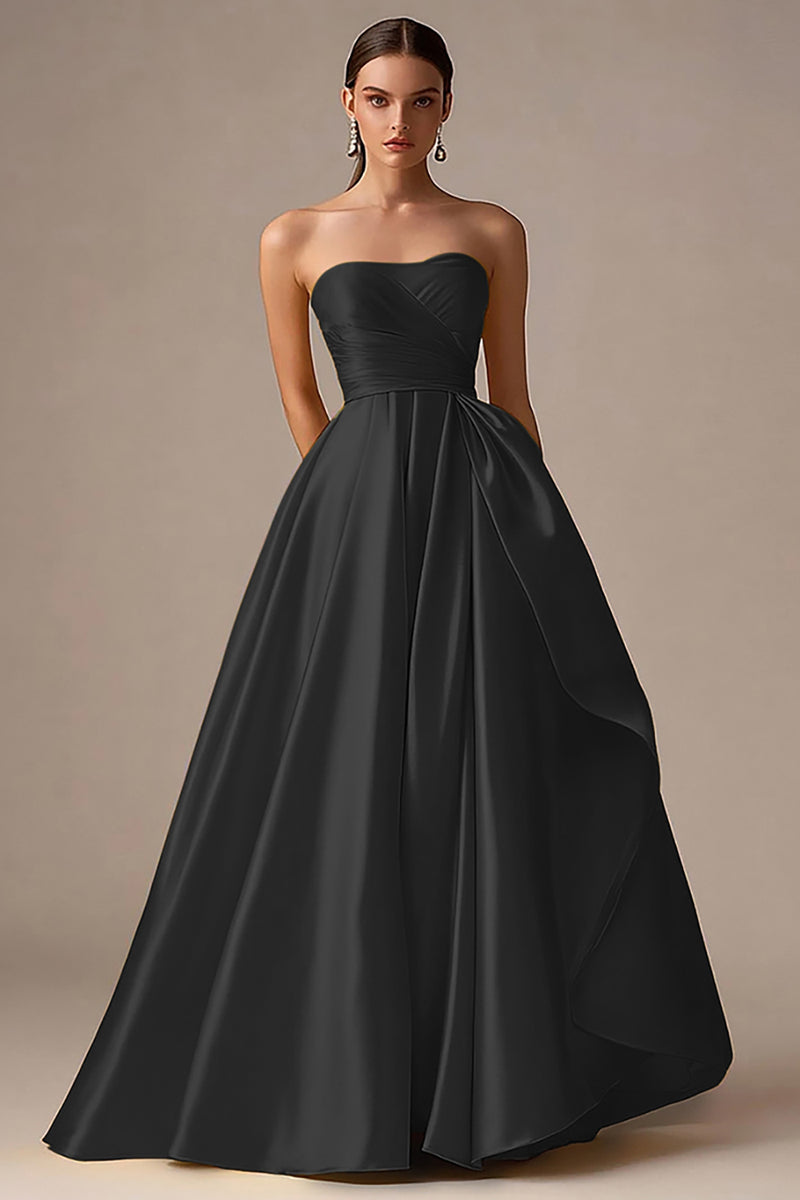 Laden Sie das Bild in den Galerie-Viewer, Gelbes Langes Trägerloses A-Linie Satin Ballkleid