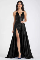 Laden Sie das Bild in den Galerie-Viewer, Glitzerndes Marineblaues A-Linie Spaghettiträger Pailletten Langes Ballkleid mit Schlitz