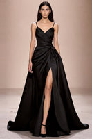Laden Sie das Bild in den Galerie-Viewer, Dunkelblaues Spaghettiträgern Abendkleid aus Satin in A-Linie mit Schlitz