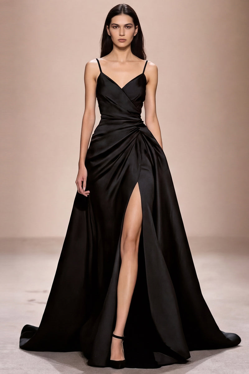 Laden Sie das Bild in den Galerie-Viewer, Dunkelblaues Spaghettiträgern Abendkleid aus Satin in A-Linie mit Schlitz