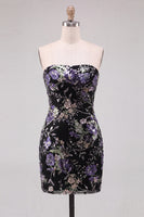 Laden Sie das Bild in den Galerie-Viewer, Rosa Bodycon Trägerloses Blumen Pailletten Kurzes Abendkleid