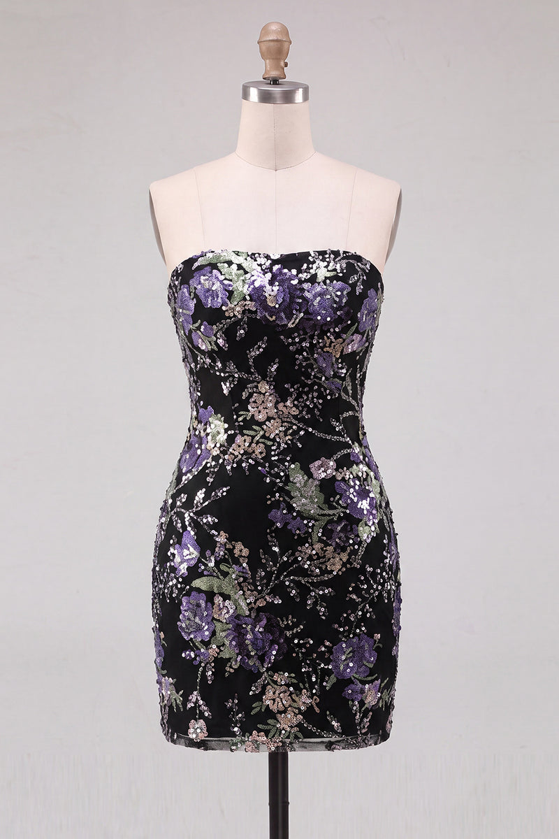 Laden Sie das Bild in den Galerie-Viewer, Rosa Bodycon Trägerloses Blumen Pailletten Kurzes Abendkleid