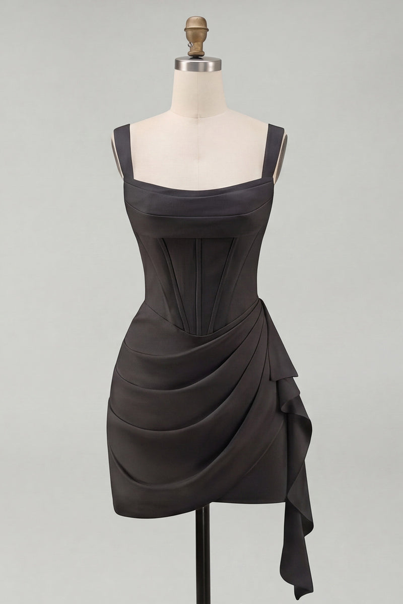 Laden Sie das Bild in den Galerie-Viewer, Tüll Elfenbein Korsett Quadratischer Ausschnitt Gerafftes Bodycon Mini Standesamt Kleid mit Rüschen